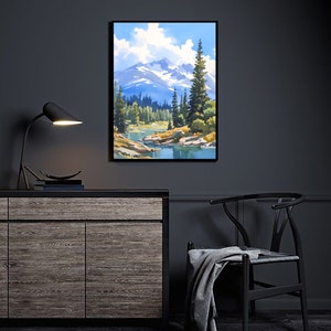 May include: A framed painting of a mountain landscape with a river flowing through it. The painting features a blue sky with white clouds, green trees, and a snow-capped mountain in the background.