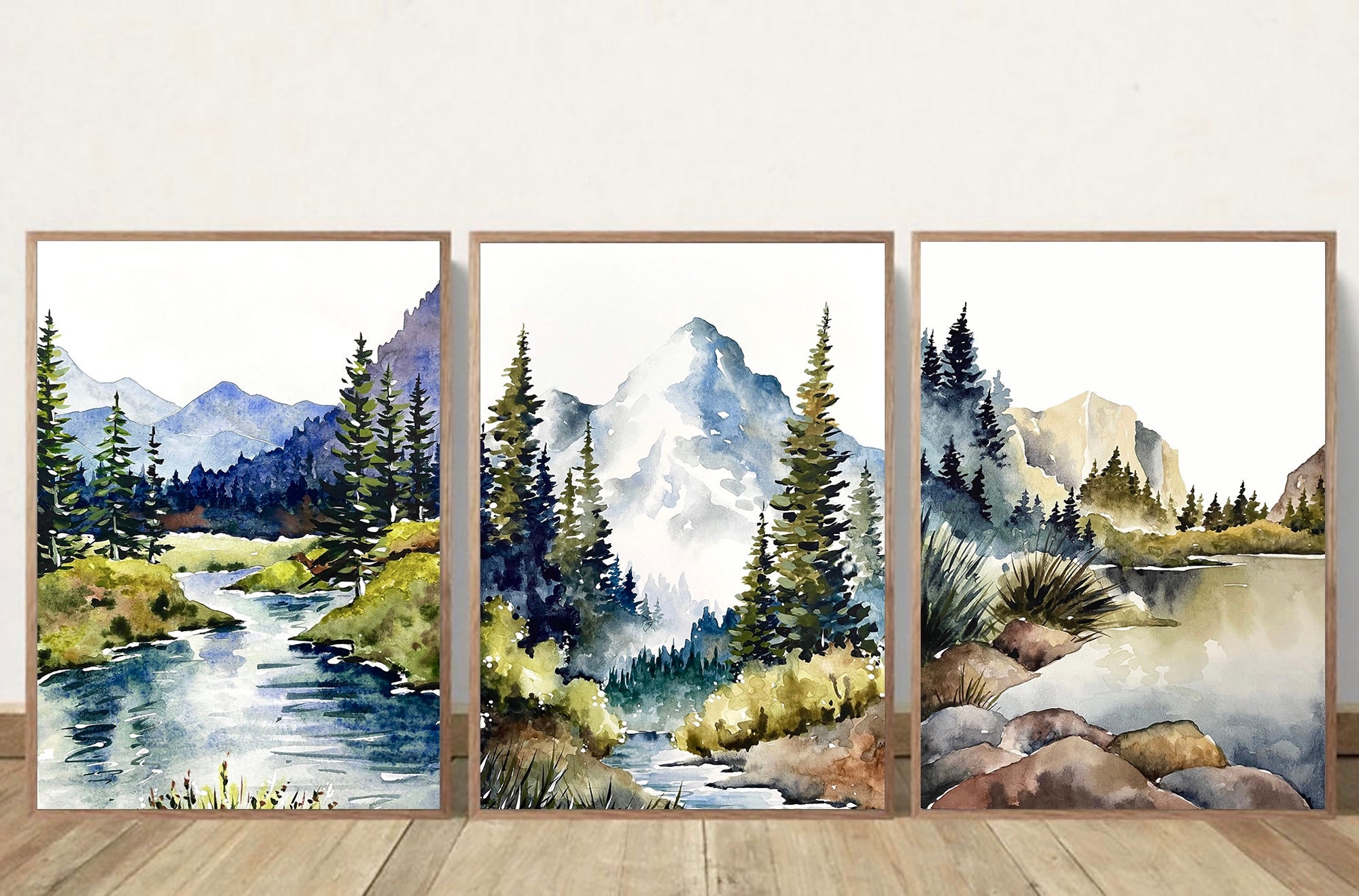 Set of 3 Mountain River Prints Watercolor Large Painting Mountain ...