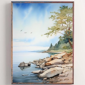 May include: Watercolour painting of a tranquil coastal scene. The artwork shows a calm blue sea, a rocky shoreline, and a bright blue sky with birds. A large tree and some evergreen trees are on the right side of the painting.