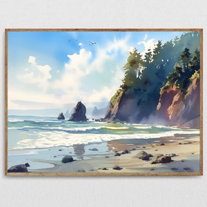Shi Shi Beach Painting Blue Green Watercolor Print Coastal Wall Art Seascape Poster Washington State Art Print Hiking Camping Gift