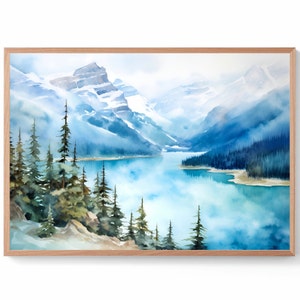 May include: A watercolor painting of a mountain lake scene with snow-capped mountains in the background and a forest of evergreen trees in the foreground. The lake is a vibrant blue and the sky is a soft white.