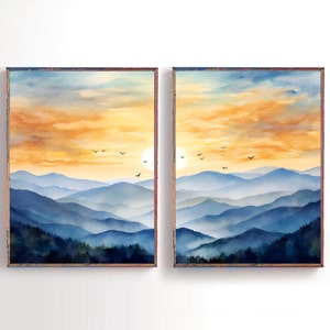 Blue Ridge Mountains Prints Set of 2 Large Watercolor Sunset Mountain Forest Landscape Blue Indigo Wall Art Minimalist Mountain Scene Decor