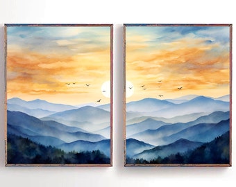 Blue Ridge Mountains Prints Set of 2 Large Watercolor Sunset Mountain Forest Landscape Blue Indigo Wall Art Minimalist Mountain Scene Decor