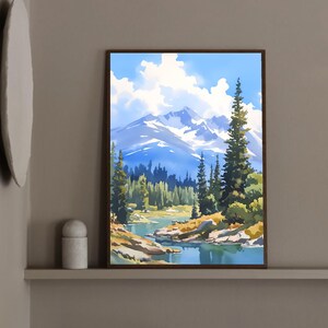 May include: A framed painting of a mountain landscape with a lake in the foreground. The mountains are snow-capped and the lake is surrounded by trees. The sky is blue with white clouds.