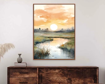 Sunrise Watercolor Print Large Neutral Painting Yellow Green