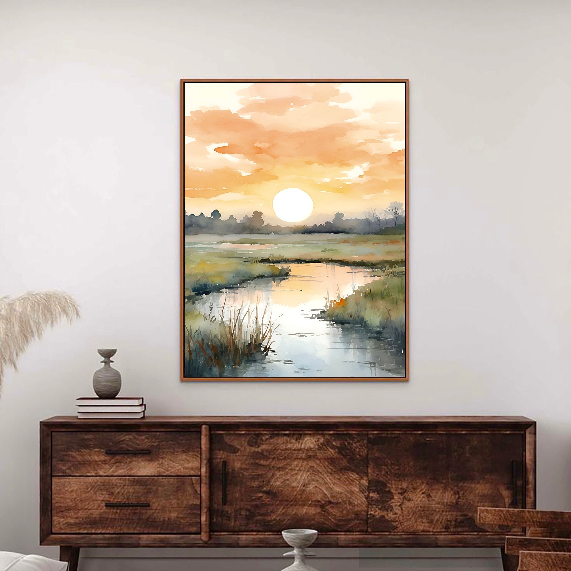 Sunrise Watercolor Print Large Neutral Painting Yellow Green