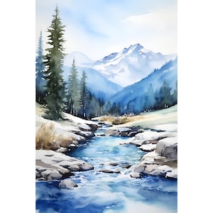 Aspen Mountains Painting Winter Landscape Wall Art Colorado Watercolor Art Print Snowy Mountain River Art White River National Forest Poster
