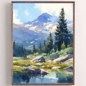 Colorado Mountains Painting Misty Pine Trees Art Print Watercolor Landscape Mount Blue Sky Artwork Evergreen Forest Wall Art
