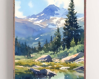 Colorado Mountains Painting Misty Pine Trees Art Print Watercolor Landscape Mount Blue Sky Artwork Evergreen Forest Wall Art
