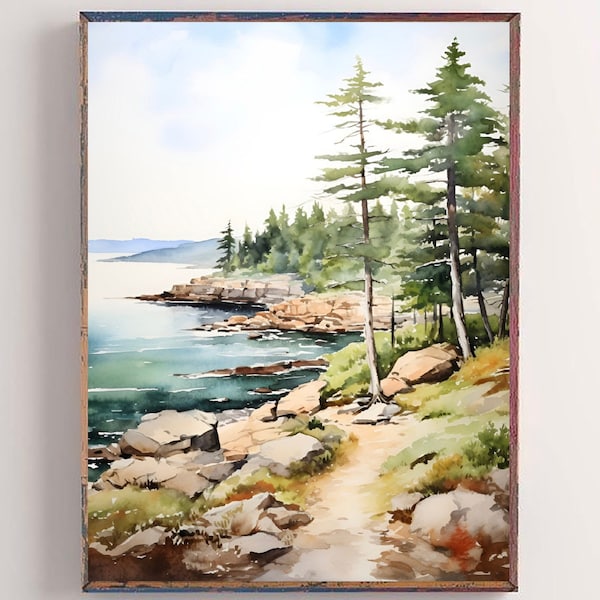 Michigan Lake Watercolor Print Panoramic Landscape Painting Forest Lake Poster Great Lakes Art Print Michigan State Travel Art