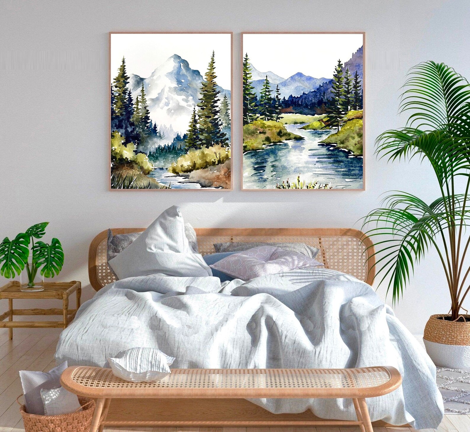 Set of 2 Mountain River Prints Watercolor Large Painting Minimalist ...