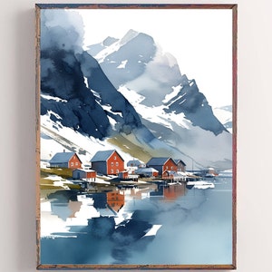 Norway Landscape Art Print Galdhopiggen Mountain Watercolor Painting Indigo Blue Wall Art Mountain Lake Artwork Hiking Mountaineering Gift