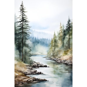 Willamette River Painting Green Watercolor Art Print Oregon Landscape Wall Art Pine Forest Print Nature River Art
