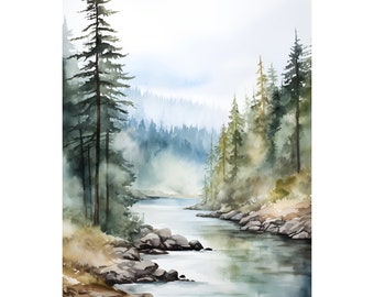 松の木のインクと水彩画 - オレゴン州の風景画プリント - Etsy 日本