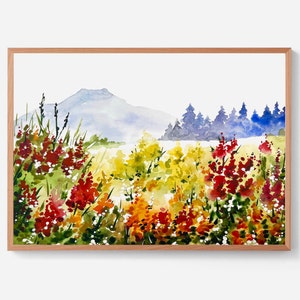 Wildflowers watercolor painting red orange art print poppy flowers wall art large abstract landscape flower field poster large meadow print