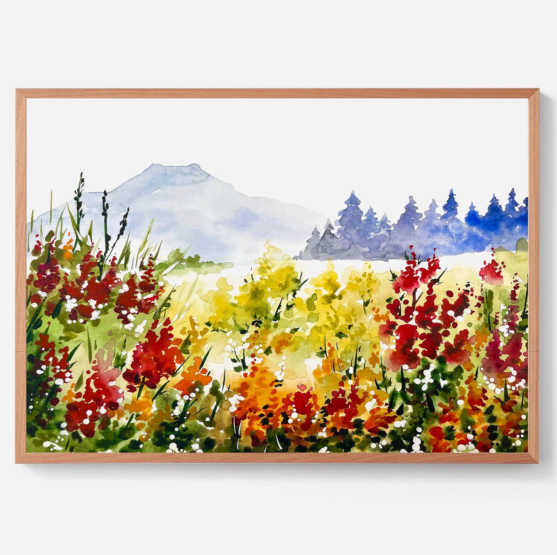 Wildflowers Watercolor Painting Red Orange Art Print Poppy Flowers