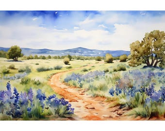 Texas Wildflowers Painting Bluebonnet Watercolor Art Print Austin Landscape Wall Art