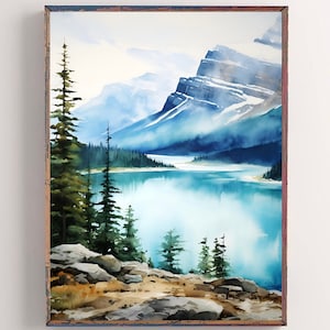 Garibaldi Lake Print Pine Tree Wall Art Watercolor Painting Large Minimalist Wall Art Neutral Landscape Mountains Painting Wall Decor