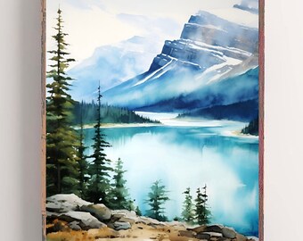 Garibaldi Lake Print Pine Tree Wall Art Watercolor Painting Large Minimalist Wall Art Neutral Landscape Mountains Painting Wall Decor