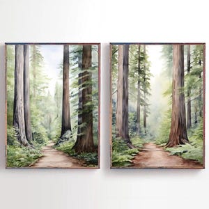Redwood Painting Set of 2 Art Prints California Watercolor Art National Park Poster Sequoia Forest Artwork Boho Neutral Wall Art Hiking Gift