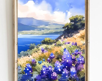 Texas Bluebonnets Painting Hill Country Watercolor Art Bluebonnet Wall Art Fredericksburg Landscape Art Texas Wall Art Texas Gifts