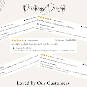 May include: A light beige background with the text "Paintings Dan Art" in a handwritten font. Several customer reviews are displayed, each with a 5-star rating and positive comments about the product.