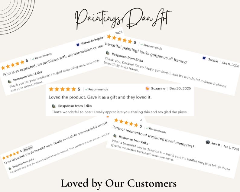 May include: A light beige background with the text "Paintings Dan Art" in a handwritten font. Several customer reviews are displayed, each with a 5-star rating and positive comments about the product.