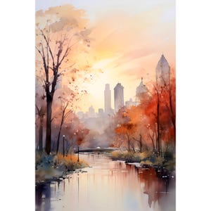 Central Park Painting New York Watercolor Art Sunset Cityscape Print New York Skyline Wall Art Red Pink Poster