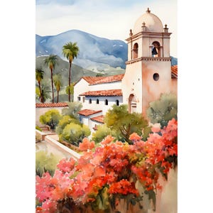Old Mission California Watercolor Art Print Santa Barbara Painting California Wall Art Travel Poster Santa Barbara Home Decor