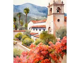 Old Mission Watercolor Art Print Santa Barbara Painting California Wall Art Travel Poster