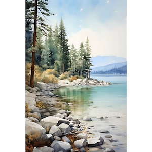 Forest Lake Painting Watercolor Art Print Lake Tahoe Wall Art Sierra Nevada Landscape Mountain Forest Art Nature Artwork California Poster