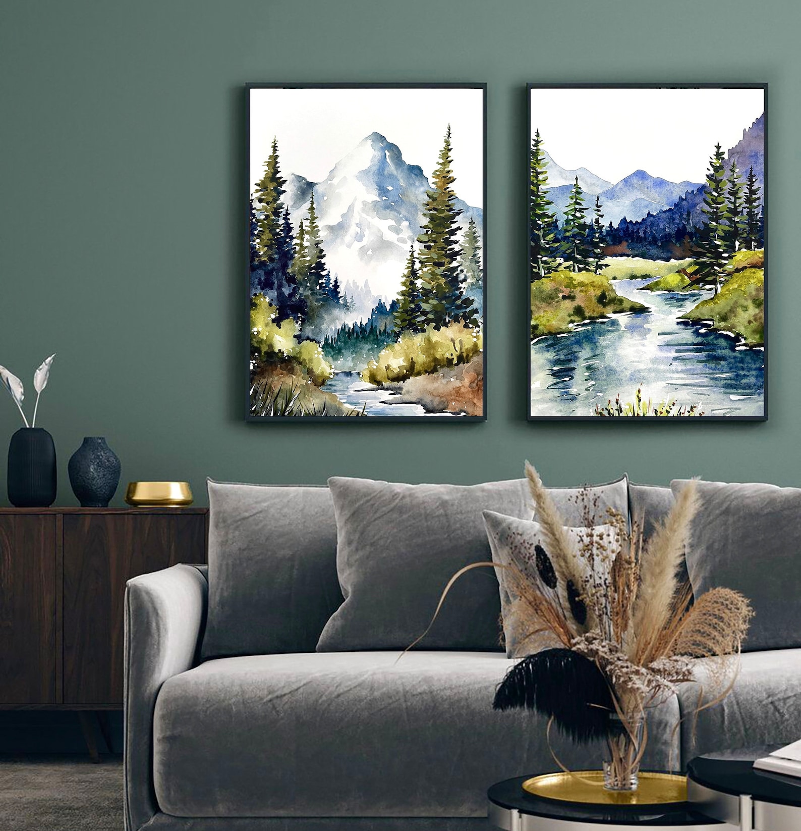 Set of 2 Mountain River Prints Watercolor Large Painting Minimalist ...