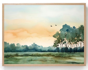 Abstract Sunrise Forest Print Large Watercolor Painting Panoramic Landscape Art Tree Minimalist Wall Art Misty Forest Art Prints Wall Decor