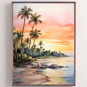 Florida Hollywood Beach Art Palm Tree Watercolor Painting Sunset Tropical Wall Decor Florida Landscape Print Pink Green Wall Decor