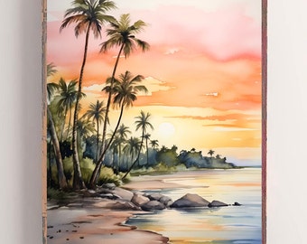 Florida Hollywood Beach Art Palm Tree Watercolor Painting Sunset Tropical Wall Decor Florida Landscape Print Pink Green Wall Decor