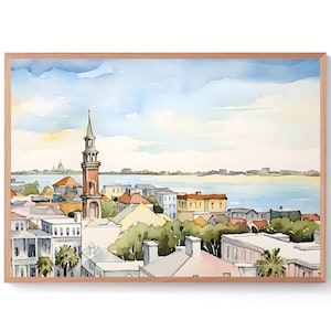 Charleston Wall Art Print South Carolina Watercolor Painting Panoramic Wall Art SC Coast Artwork Minimalist Painting