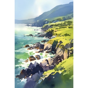 Ireland Rocks Coast Painting Irish Watercolor Art Print Coastal Wall Art Large Seascape Painting Panoramic Landscape Irish Travel Poster