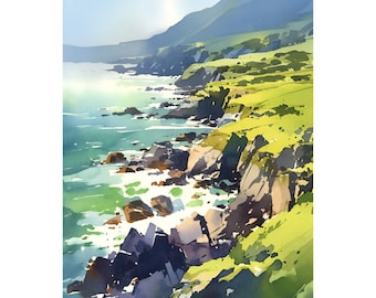 Ireland Rocks Coast Painting Irish Watercolor Art Print Coastal Wall Art Large Seascape Painting Panoramic Landscape Irish Travel Poster