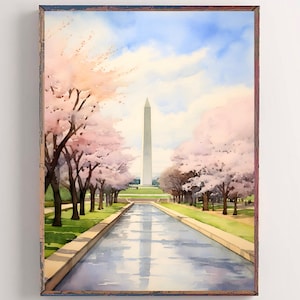 Washington Monument Poster Large Watercolor Painting Washington DC Art Print Memorial Park Art Cherry Blossoms Wall Art Living Room Decor