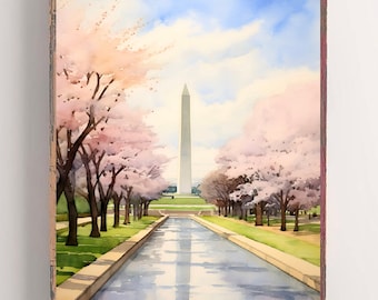 Washington Monument Poster Large Watercolor Painting Washington DC Art Print Memorial Park Art Cherry Blossoms Wall Art Living Room Decor