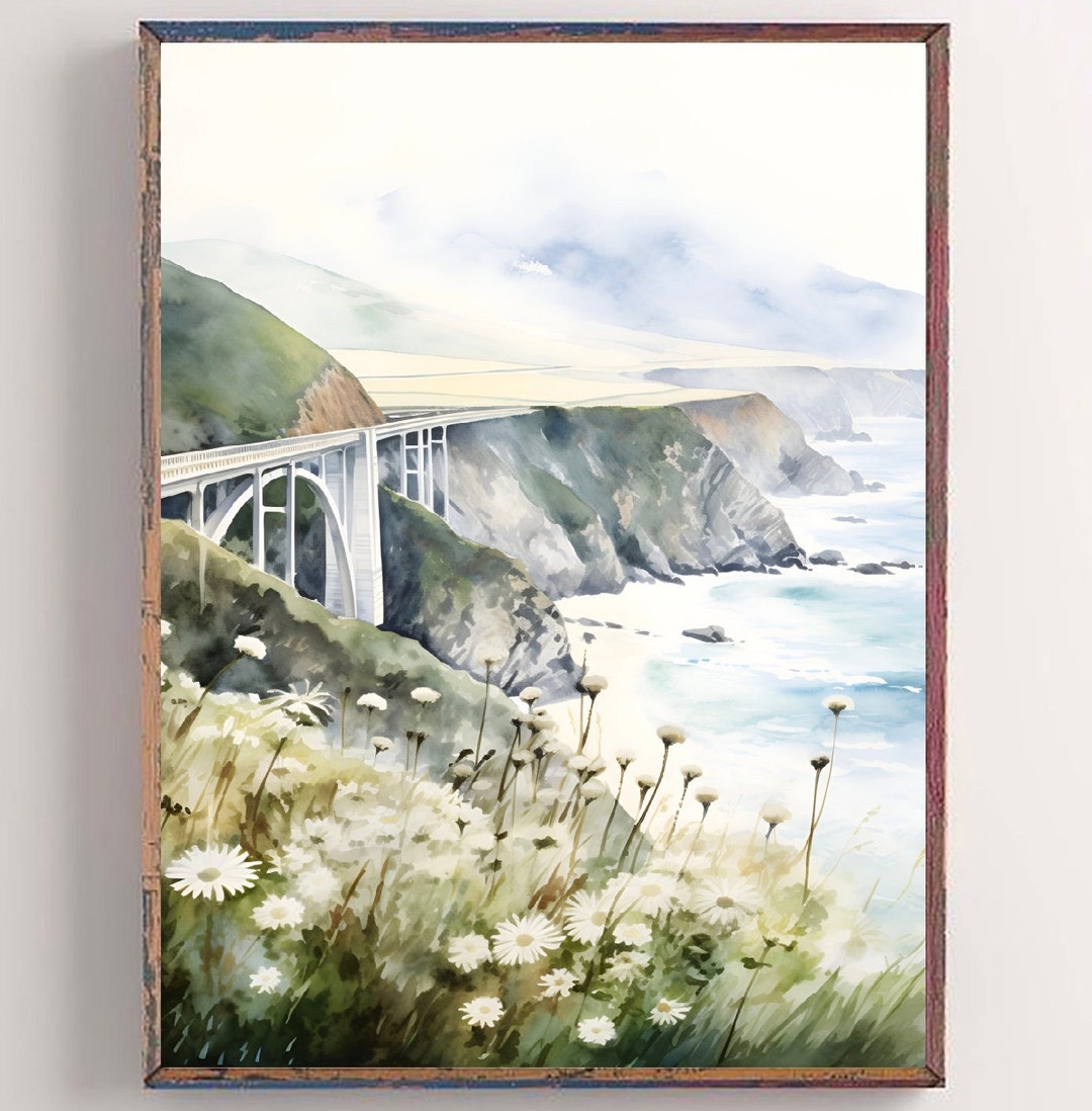 California Coast Painting Bixby Bridge Print Watercolor Coastal Wall ...