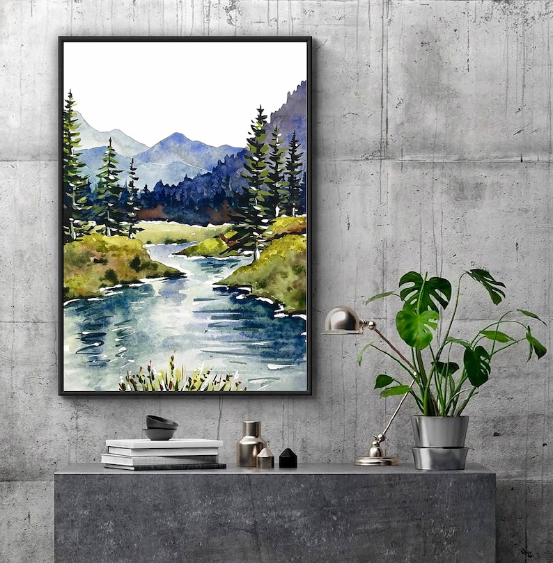 Mountain River Art Watercolor Painting Large Wall Art Mountains Forest ...