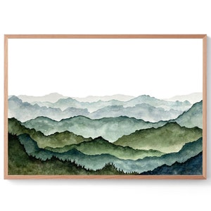 Panoramic blue green poster mountain valley art print watercolour painting misty rolling hills watercolor landscape large panorama wall art