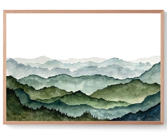 Panoramic blue green poster mountain valley art print watercolour painting misty rolling hills watercolor landscape large panorama wall art