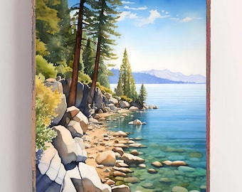 Lake Tahoe Print Nevada Landscape Painting Watercolor Minimalist Art Forest Lake Poster Nature Wall Art Sand Harbor State Park Print