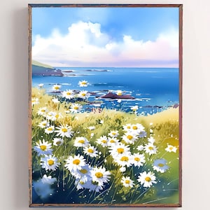 Daisy Painting Wildflowers Watercolor Print Meadow Wall Art Sweet Pea Print Abstract Floral Art Nature Artwork Blue Green Poster