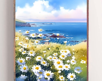 Daisy Wildflowers Watercolor Print – Floral Meadow Wall Art, Nature Flower Decor, Cottagecore Botanical Print