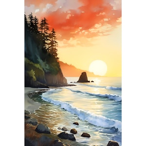 May include: A scenic sunset over a rocky coastline with a bright orange sky and a large sun reflecting off the water. The beach is sandy with dark rocks and waves crashing on the shore. A line of dark green trees are on the cliffside.
