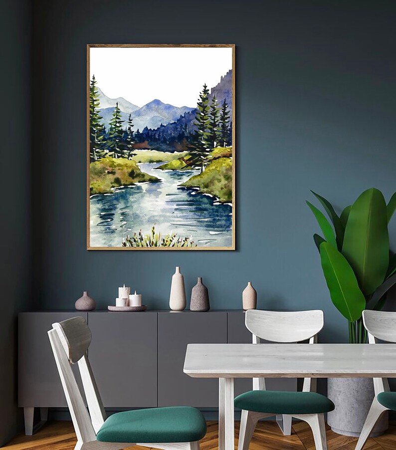 Mountain River Art Watercolor Painting Large Wall Art - Etsy