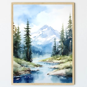 Smoky mountains river print watercolor painting pine tree wall art green forest landscape art foggy mountains wall art